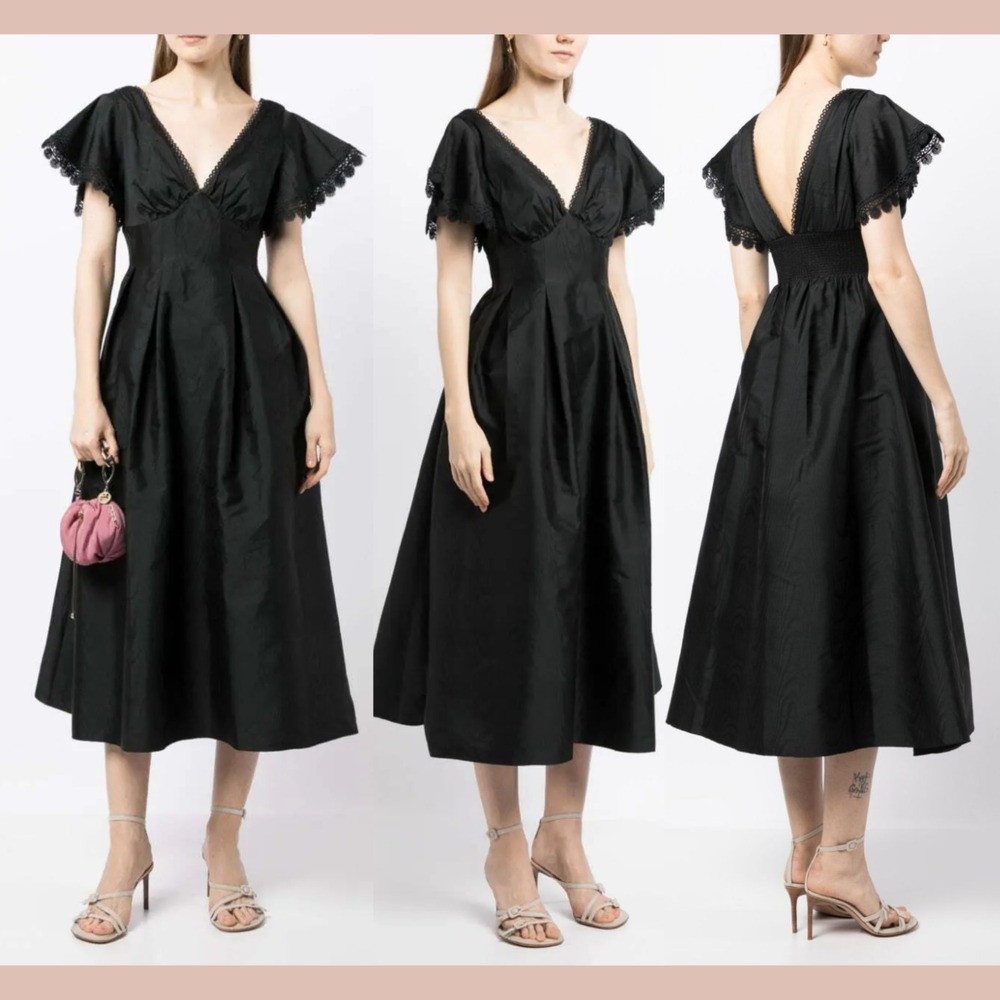 NWT $695 Sachin & Babi [ 2 ] Sara V Neck Lace Trim Midi Dress in‎ Black #S1777